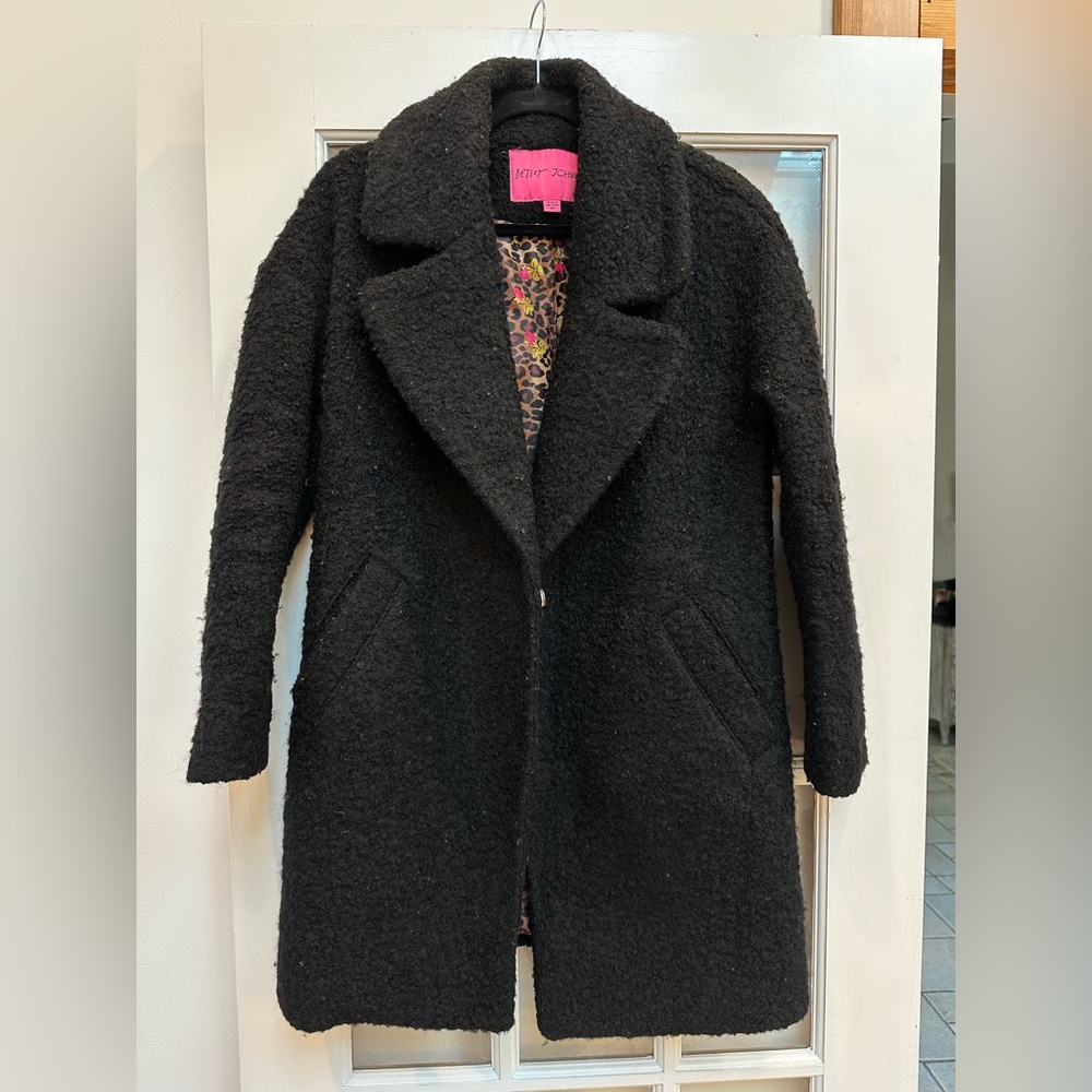 Vintage Betsey Johnson Y2K Bouclé Wool Blend Teddy Coat Jacket Black Size XS